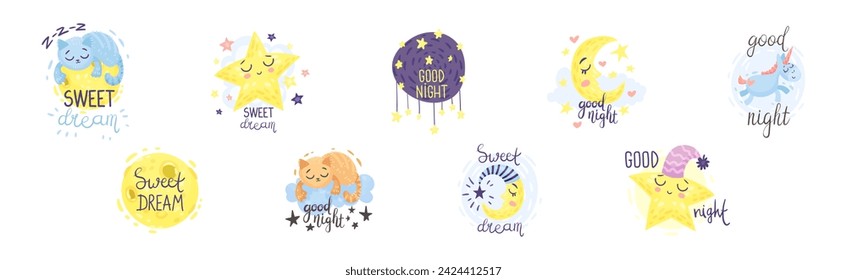 Cute Good Night Quote and Sweet Dream Wish Vector Set