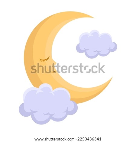 Cute good night yellow crescent in the clouds for kids, vector illustration. Cartoon drawing of lullaby element for children isolated on white background. Bedtime concept