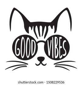 Cute good vibes cat wearing sunglasses vector illustration.