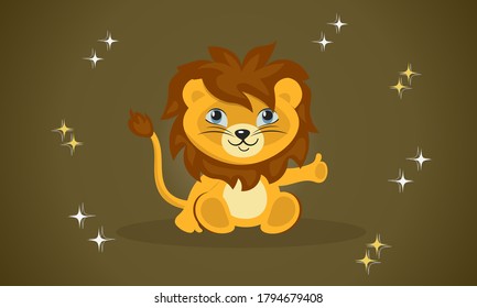 Cute good-natured cartoon lion cub  sitting on with a dark background, shows thumb up.
Vector in Soviet style.