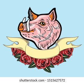 Cute, good-natured pink hog style old school tattoo, with red roses and a banner