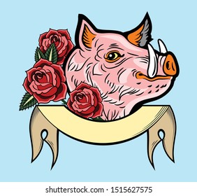 Cute, good-natured pink hog style old school tattoo, with red roses and a banner