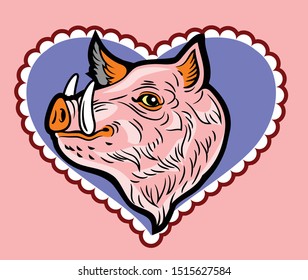 Cute, good-natured pink wild boar in a frame in the shape of a heart