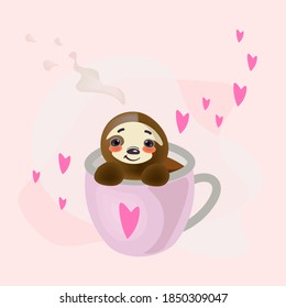 
Cute good-natured sloth sits in a cup of coffee with hearts.
Vector, concept illustration for postcards, web, flyers.