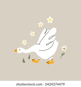 Cute goose. Adorable farm birds in different poses, funny characters and flowers. Childish t-shirt print and poster design, kids textile and nursery decor, vector cartoon flat isolated illustration