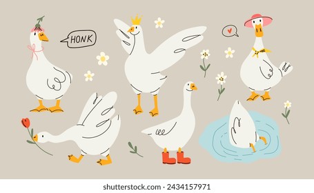 Cute goose. Adorable farm birds in different poses, funny characters and flowers. Childish print and poster, kids textile and nursery decor. Stickers set, vector cartoon flat isolated illustration