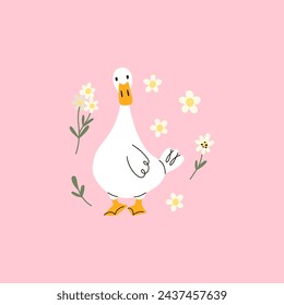 Eine süße Gans. Entzückende Farmvögel in verschiedenen Posen, lustige Charaktere und Blumen. Kinderliches T-Shirt-Print und Poster-Design, Kinder Textil und Kinderzimmer-Dekor, Vektor-Cartoon-flache isolierte Illustration