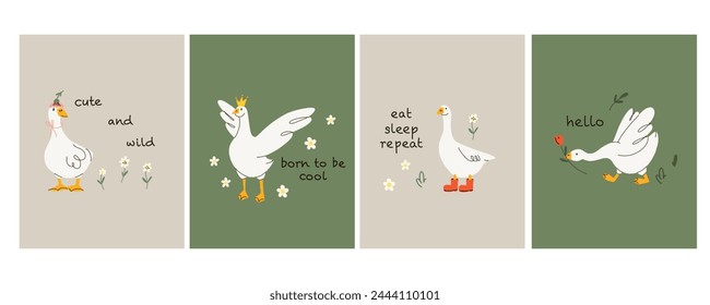 Cute goose. Adorable farm birds in different poses, funny characters and flowers. Childish print and poster, kids textile and nursery decor. Card with lettering vector cartoon isolated illustration