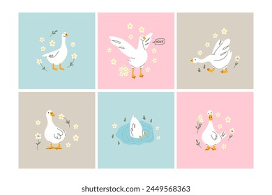 Eine süße Gans. Entzückende Farmvögel in verschiedenen Posen, lustige Charaktere und Blumen. Kinderprint und Poster, Kindertextil und Kinderzimmer-Dekor. Aufkleber gesetzt. Vektorgrafik Cartoon flache isolierte Illustration