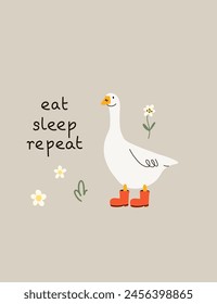 Cute goose. Adorable farm birds in different poses, funny characters and flowers. Childish print and poster, kids textile and nursery decor. Card with lettering vector cartoon isolated illustration