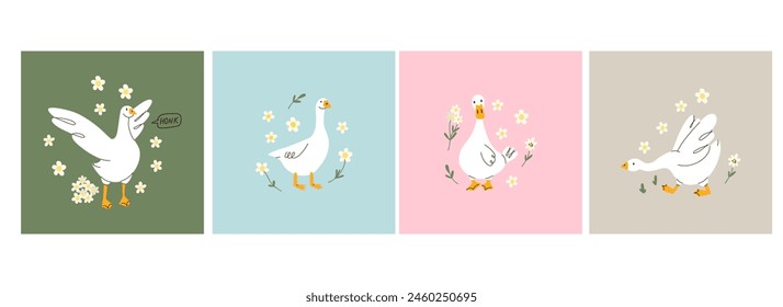 Cute goose. Adorable farm birds in different poses, funny characters and flowers. Childish print and poster, kids textile and nursery decor. Stickers set. Vector cartoon flat isolated illustration