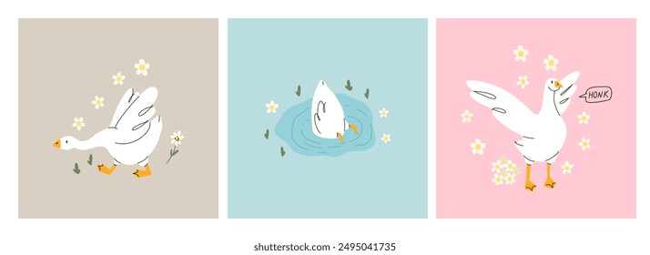 Cute goose. Adorable farm birds in different poses, funny characters and flowers. Childish print and poster, kids textile and nursery decor. Stickers set. Vector cartoon flat isolated illustration
