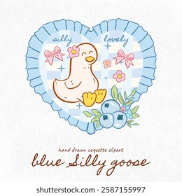 Cute goose. Adorable farm, goose in heart fame, hand drawn cartoon farm clipart, blueberry, coquette clipart, vintage geese, baby,Vector cute bird isolated set element design on mint background. Funny