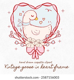 Cute goose. Adorable farm, goose in heart fame, hand drawn cartoon farm clipart, blueberry, coquette clipart, vintage geese, baby,Vector cute bird isolated set element design on mint background. Funny