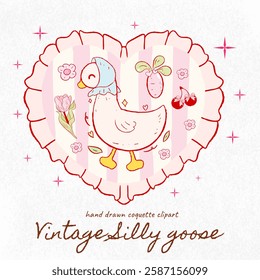 Cute goose. Adorable farm, goose in heart fame, hand drawn cartoon farm clipart, blueberry, coquette clipart, vintage geese, baby,Vector cute bird isolated set element design on mint background. Funny