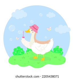 Cute goose blows bubbles, cartoon character