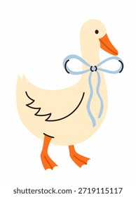 Süße Gans mit einer blauen Schleife. Flache Vektorgrafik.