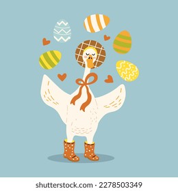cute goose in boots and hat juggling easter eggs
