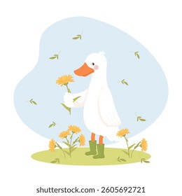 Cute goose in boots with a yellow dandelion flower. Children's illustration, print