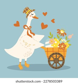 cute goose with cart with easter eggs and flowers