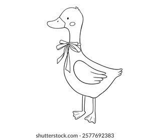 Cute goose character with bow, line art, hand drawn illustration for coloring book or page