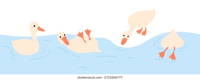 Nette Gänseblümchen-Charakterkarte. Weiße Wasservögel, Schwimmen, Tauchen Posen, Ruhe-und Rutschposition. Verspielte Ente im Wasser. Nahtloses Vektormuster.