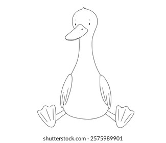 Cute goose character, sitting animal, line art, hand drawn illustration for coloring book or page