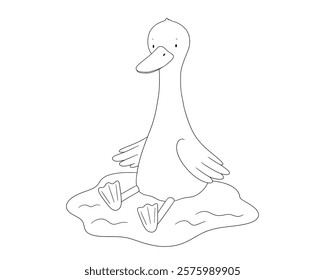 Cute goose character, sitting animal in puddle, water, line art, hand drawn illustration for coloring book or page