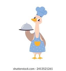 Cute Goose Chef Character in Toque Hold Tray Vector Illustration