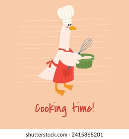 Cute goose in chef hat holding a whisk and bowl with dough.Cooking time.Used for greeting card, and poster design.