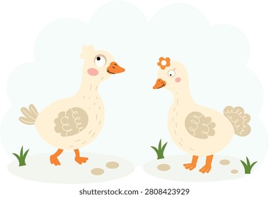 Cute goose couple vector illustration featuring a male and female goose standing together in a charming flat cartoon style. Adorable farm bird characters with simple shapes, soft neutral colors, and friendly expressions. Perfect for children's books, nursery decor, farm-themed designs, educational materials, greeting cards, stickers, animal collections, and countryside illustrations.