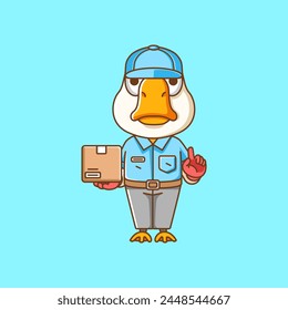 Cute goose courier package delivery animal chibi character mascot icon flat line art style illustration concept cartoon set