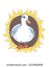 Cute goose drawn on the background of a large sunflower, doodle style drawing. Vector illustration isolated on white background