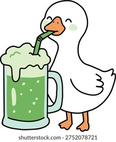 Cute Goose Drinking Green Frothy Beverage From A Glass