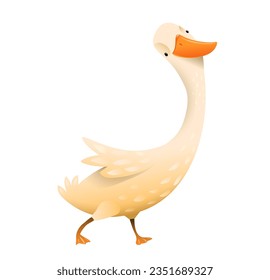 Cute Goose or Duck, character design for kids. Duckling ducky isolated clipart for kids story book. Hand drawn vector clip art animal cartoon in watercolor style for children.