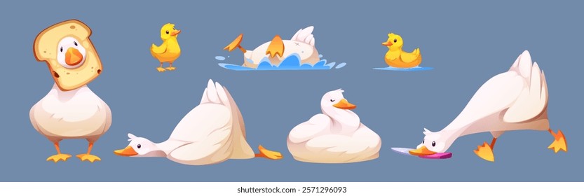 Cute goose or duck character set - white waterfowl with bread on head, swimming, diving poses, resting and slipping position, carrying knife. Playful baby yellow ducklings or goslings. Cartoon mascot.