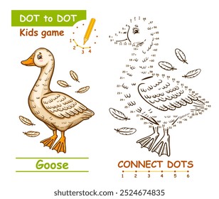 Cute goose duck farm bird, connect dots number children education puzzle game. Gosling swan. Duckling animal and feathers. Draw picture join dotted line. Coloring page. Kid learning worksheet. Vector 