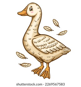 Cute goose or duck farm water bird, gosling poultry, flying feather quills icon. Funny duckling cartoon character. Swan chick waterfowl. Domestic agriculture animal. Soft light feathery fluff. Vector