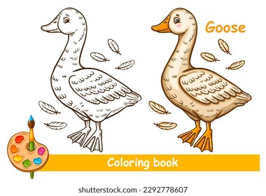 Cute goose duck farm water bird children coloring book page. Baby swan. Drake poultry. Agriculture animal cartoon character with feather. Kid education game. Outline colouring worksheet vector drawing