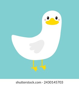 Cute goose Duck icon standing. Funny face head. White bird. Yellow beak. Cartoon kawaii funny baby character. Flat design. Childish poster print. Greeting card banner template. Blue background. Vector