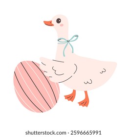 Cute goose with Easter egg. Happy Easter. Design for greeting cards, posters, banners, scrapbooking, stickers. Vector illustration in flat style