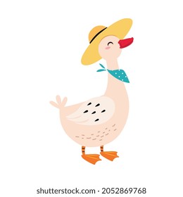 Cute Goose as Farm Animal on Ranch Wearing Straw Hat Vector Illustration