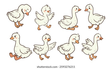 Cute goose farm bird childish characters in different position and action outdoors isolated drawing set. Funny geese standing, playing, vector illustration