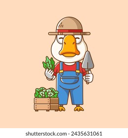 Cute goose farmers harvest fruit and vegetables cartoon animal character mascot icon flat style illustration concept set