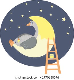 The cute goose fell asleep on the moon. Goose paints the moon. The concept for children's textiles, postcards, baby shower, babywear, nursery. Book illustration.