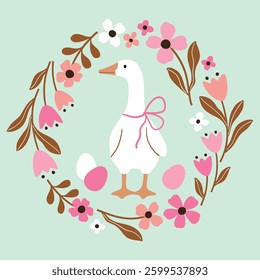 Cute goose in floral wreath. Hand drawn vector goose with tiny flowers. Perfect for tee shirt logo, greeting card, poster, invitation or print design. EPS10 vector file.