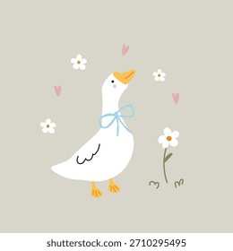 Lindo ganso con flores y corazones. Ilustración vectorial para imprimir. Fondo lindo del bebé para las muchachas.