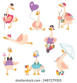 Cute goose. Funny cartoon geese traveling walking driving flying. Birds in outfits, farm bird driver and mom duck with duckling, nowaday vector set