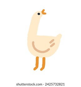 Cute goose. Funny gosling, little farm bird singing, cackling. Country feathered animal. Countryside poultry in kid style. Childish flat vector illustration isolated on white background