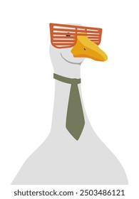 Cute goose with glasses. Portrait of a goose in a tie. Flat vector illustration, eps10